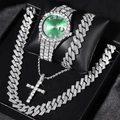 Set orologio uomo argento con quadrante verde, catena cubana e collana a croce - Verde (Set Orologio)
