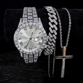 Macro detail of iced-out silver watch with Roman numerals and matching Cuban chain set - Silver Watch Three-piece Set