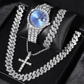 Set orologio con quadrante blu, catene cubane e pendente a croce in argento ghiacciato - Blu (Set Orologio)