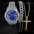 Hip hop silver watch set with iced out cuban bracelet and cross necklace on black texture - Blue Watch Three-piece Set