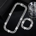 Set collana e bracciale a catena cubana argento Iced Out con accenti di cuori di diamanti - Fibbia in Strass Argento (20cm+50cm)