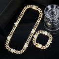 Set collana e bracciale cubano dorato con ciondoli a cuore ghiacciati in stile hip-hop - Fibbia in Strass Oro (20cm+50cm)