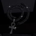 Schwarze Hip-Hop Cubankette mit großem, vollbesetztem Ankh-Kreuz-Anhänger - Schwarz (Halskette + Armband + Anhänger)