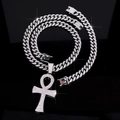 Hip Hop Set mit versilbertem Ankh Kreuz Anhänger und eisigen Panzerketten - Silber (Halskette + Armband + Anhänger)