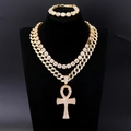 Hip Hop Schmuckset mit vergoldeter kubanischer Kette und ägyptischem Ankh Kreuz Anhänger - Gold (2 Halsketten + Armband + Anhänger)
