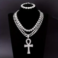 Hip Hop Schmuckset in Silber mit Ankh Kreuz Anhänger, Panzerkette und Tennisarmband - Silber (2 Halsketten + Armband + Anhänger)