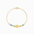 Gouden s925 zilveren armband met in elkaar grijpende hartknoop en kleurrijke stenen - 1 Steentje Stijl / Goud