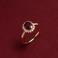 Bague élégante en argent s925 doré avec zircon rouge en forme de tournesol et cristaux - Taille US 6 / Or rose