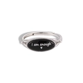 Macro shot of silver adjustable ring featuring I am enough quote with a red heart - US Size 7 Adjustable / Black Agate