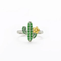 Minimalist S925 silver cactus ring with inlaid green zircon and yellow floral details - US Size 6 / White Gold