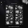 Retro PET floral lily stickers set with white ink and silver lines on dark background - Lily Under The Moon