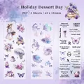 PET-Aufkleber mit lila Dessert-Thema, Blumen und Mädchen-Illustrationen für Journaling - Urlaubs-Dessert-Tag