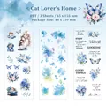 Blaue Aquarell-PET-Aufkleber Set mit Blumen, Schmetterlingen und Mädchen für Scrapbooking - Katzenliebhaber Heimleben