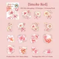 Floral PET stickers with gold foil, 15 pieces in Yanhong smoky red theme for journaling - Floral Splendor Series - Smoky Red