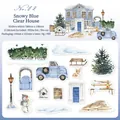 Winter-Haus-Aufkleber aus PET für Journaling mit verschneiter europäischer Architektur - Blaues Schneehaus