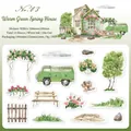 Twilight PET Sticker Set Warme Grüne Hütte mit 15 handgezeichneten Gartenelementen - Frühlingsgrünes Haus