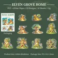 Elf Tribe House PET stickers set with glitter finish for DIY journaling, 10 piece pack - Green Tree Nest