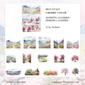Watercolor mountain and cherry blossom stickers, 30pcs nature themed DIY pack - Cherry Blossom Mountains