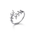 S925 sterling silver open ring featuring adjustable olive leaf vine design with zircon - Adjustable US Size 7 / White Gold