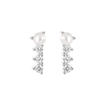 Detailed view of silver stud earrings featuring white pearls and three vertical cubic zirconias - 925 Silver / White Gold
