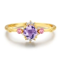 Anello a corona in argento S925 con gemma viola e zirconi bianchi scintillanti - Taglia US 6 / Oro (Pietra Principale Viola + Pietre Laterali Rosa e Bianche)