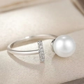 Minimalist S925 sterling silver open ring featuring a white pearl and a T-shaped diamond bar - Open Size 7 / White Gold