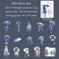 Blue Rainy Day PET sticker set featuring 15 hand-drawn watercolor umbrella girl designs - Blue Rainy Day