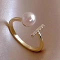 Minimalist S925 sterling silver open ring with pinkish pearl and zircon accent bar - Open Size 7 / Gold