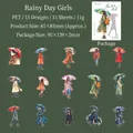 Rainy Girl PET stickers featuring 15 unique watercolor umbrella girl designs for scrapbooking - Rainy Day Girl