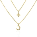 Collar de doble capa de plata S925 bañada en oro con colgantes de estrella y luna con circón - Plata 925 / Dorado