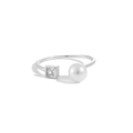 Minimalistischer S925 Sterlingsilber Ring mit weißer Perle und quadratischem Zirkonstein - Einstellbar Offen / Weißgold