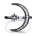 S925 Sterling Silber Mond und Stern Ring in Schwarz mit funkelnden weißen Zirkonia - Einstellbar Offen / Schwarz & Gold
