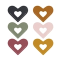 Set of six heart-shaped leather bookmarks in various colors with white stitching - Combination Set