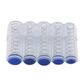 Detail view of the 5-slot portable Euro coin storage box with labeled compartments - Clear