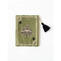 Detail of dark green canvas pouch with golden spade A embroidery and black tassel zipper pull - Green