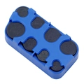 Detailed view of blue plastic coin dispenser with multiple slots for Euro currency sorting - Blue