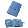 Blue PU leather jewelry organizer book showing open and closed views with earring slots - Blue
