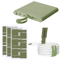 Detailweergave van olijfgroene siliconen kabelorganizers met labels en verstelbare riemen - Groen