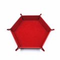 Macro view of the red velvet interior and black PU leather hex dice tray with metal snaps - Red