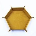 Top view of yellow PU leather hexagonal dice tray with silver metal snaps on white background - Yellow