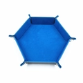 Detail of blue hexagonal PU leather dice tray with soft velvet interior and metal snaps - Blue