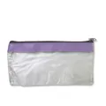 Detail of transparent frosted PVC pencil case with purple trim and grey zipper closure - Purple