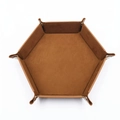 Hexagonal foldable dice tray in tan brown PU leather with metal snaps and matte finish - Brown