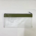 Macro shot of durable transparent PVC mesh bag with green leather trim and zipper - Army Green