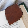 Handmade brown leather leaf corner bookmark with white stitching for vintage book reading - Toothed Leaf Shape (sku 2)