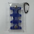 Close-up of portable coin organizer with blue plastic holder and clear PVC storage pouch - Blue