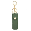 Dark green PU leather lipstick holder keychain with gold hardware and lychee texture - Green