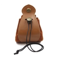 Close-up of vintage brown leather dice bag with drawstring and snap button closure - 7.5*11cm / Dark Brown