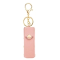 Portable pink pebble leather lipstick pouch keychain with gold hardware and snap closure - Pink