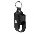 Detail of black leather spray bottle holder with silver metal key ring and button snaps - 8.9*3.8cm / Black